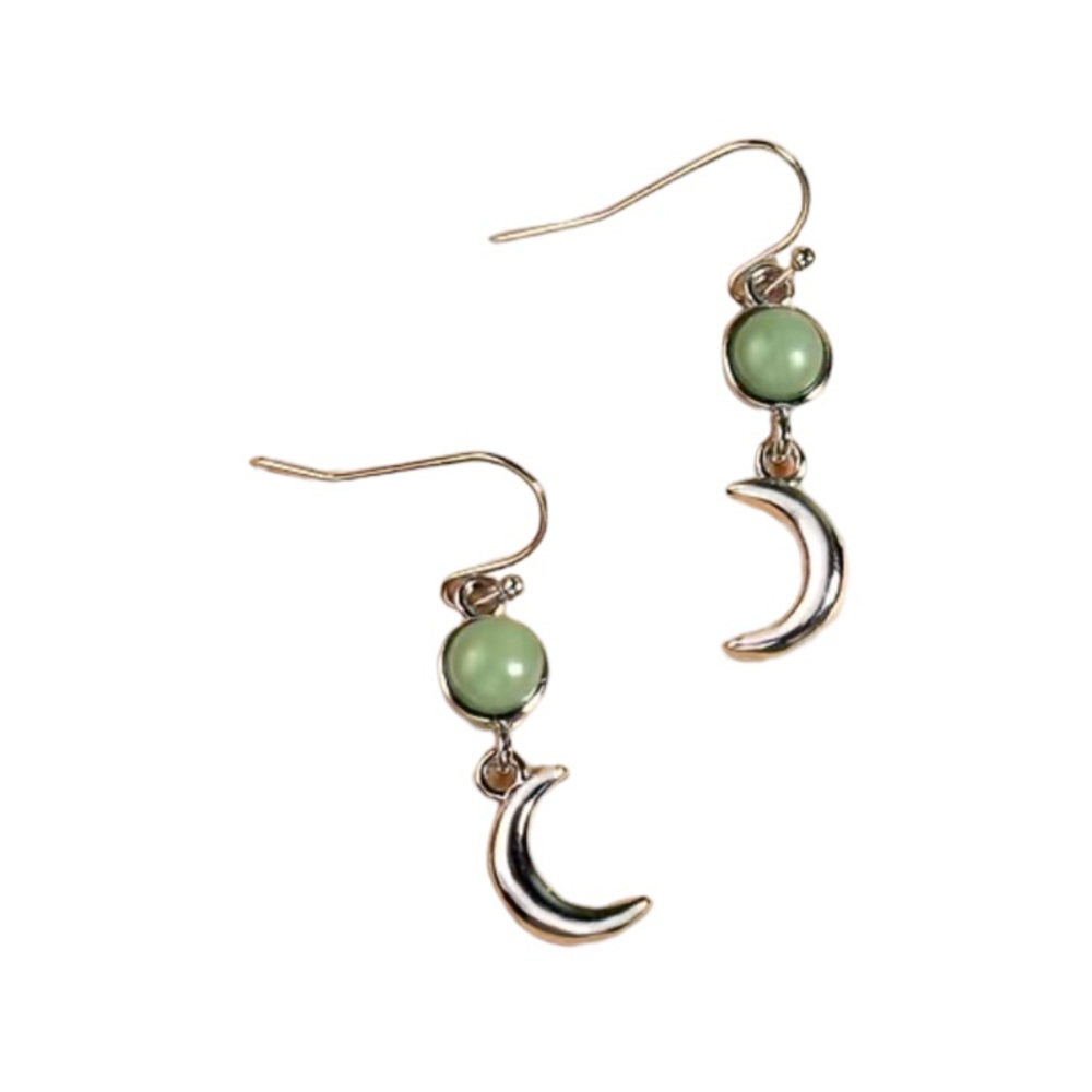Boho Silver and Green Stone Moon Drop Earrings